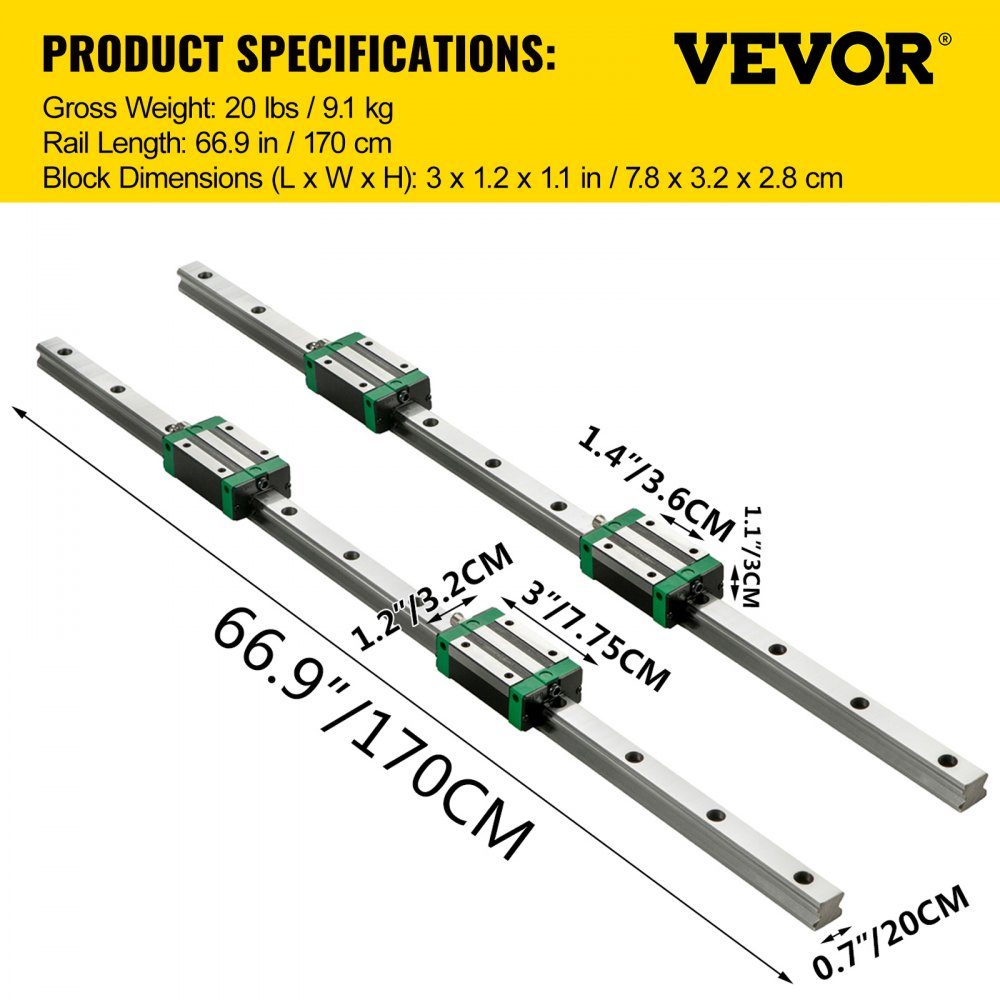 Linear Guide HSR 20 Series Linear Rails, 1700mm Length Linear Shaft CNC Linear Guide with 4 HSR 20 UU Bearing Blocks, Linear Guide Rail for CNC Machine, Lathes, Linear Guide Rail
