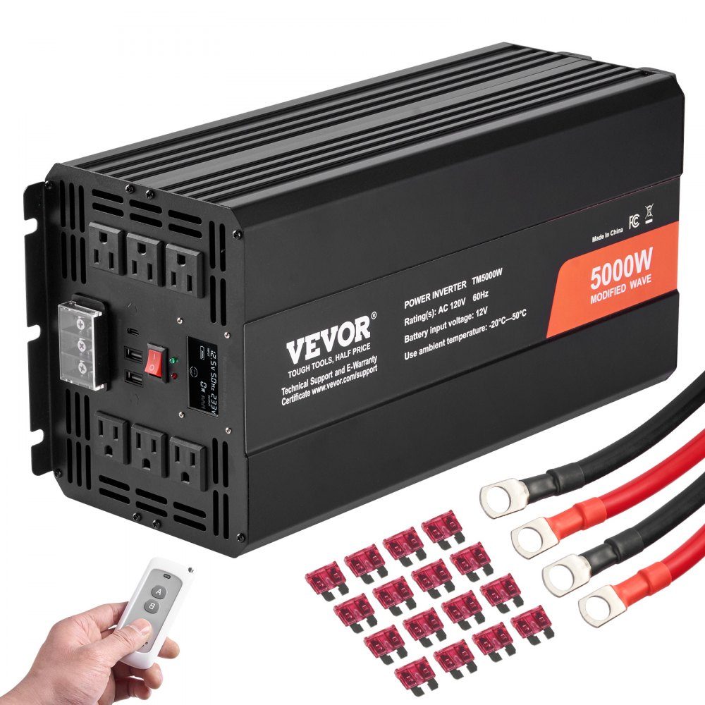 Falownik sinusoidalny 5000W Falownik DC 12V na AC 230V z 2 gniazdami AC, 2 portami USB, 1 portem typu C, wyświetlaczem LCD i pilotem do ciężkich urządzeń gospodarstwa domowego