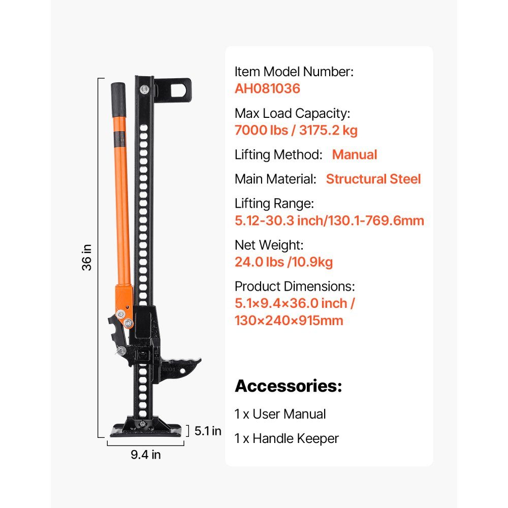 Field jack (915 mm high) off-road high-lift field jack (3.18 ton load capacity) off-road jack, bumper jack, heavy-duty lifting platforms with 130.1-769.6 mm lifting range for tractor, truck, SUV