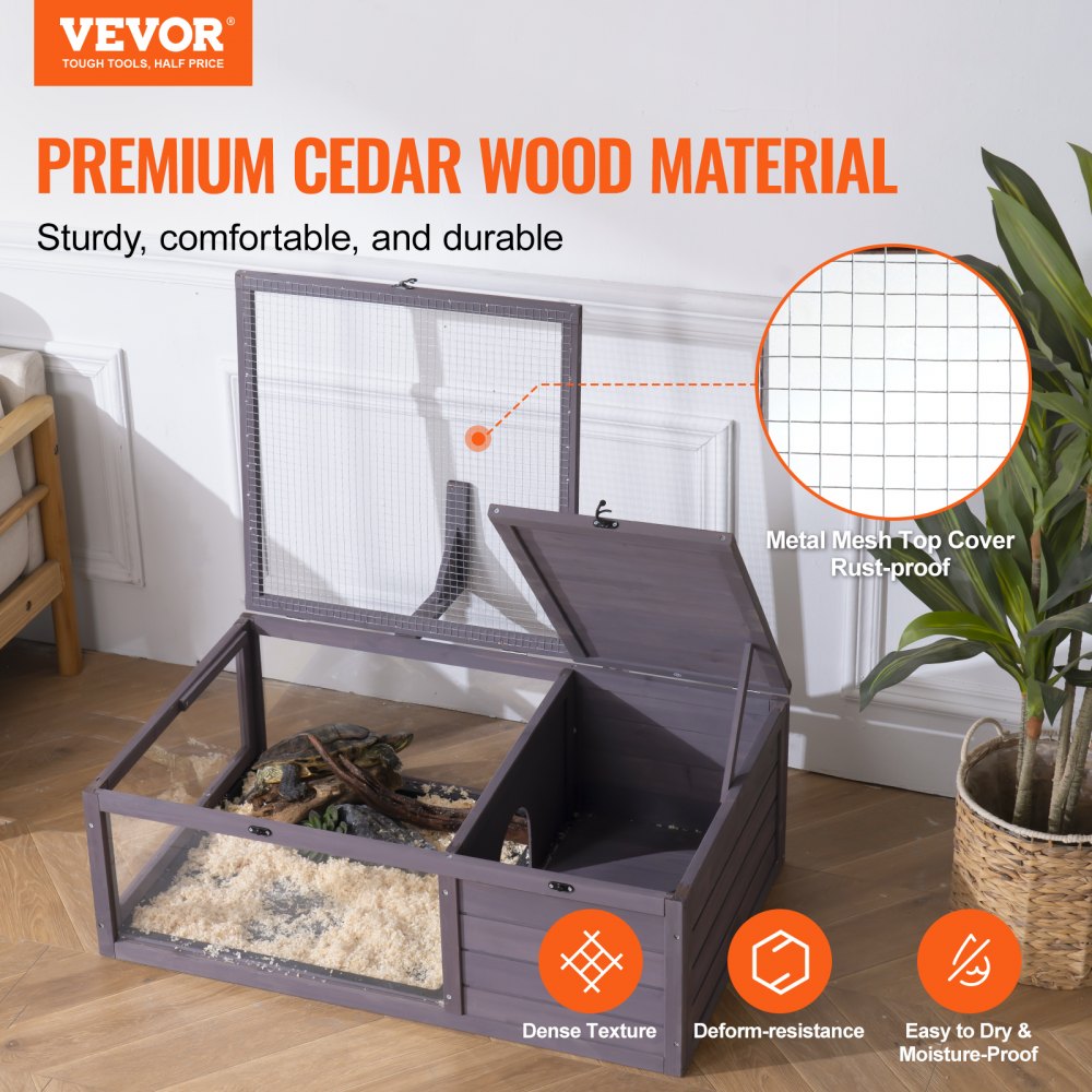 Habitat pour tortues, maison en bois pour tortues pour intérieur et extérieur, enclos pour tortues avec support de lumière suspendu, enclos pour reptiles 2 pièces, cage pour petits animaux pour geckos, lézards, serpents, 96,5 x 61 x 33 cm