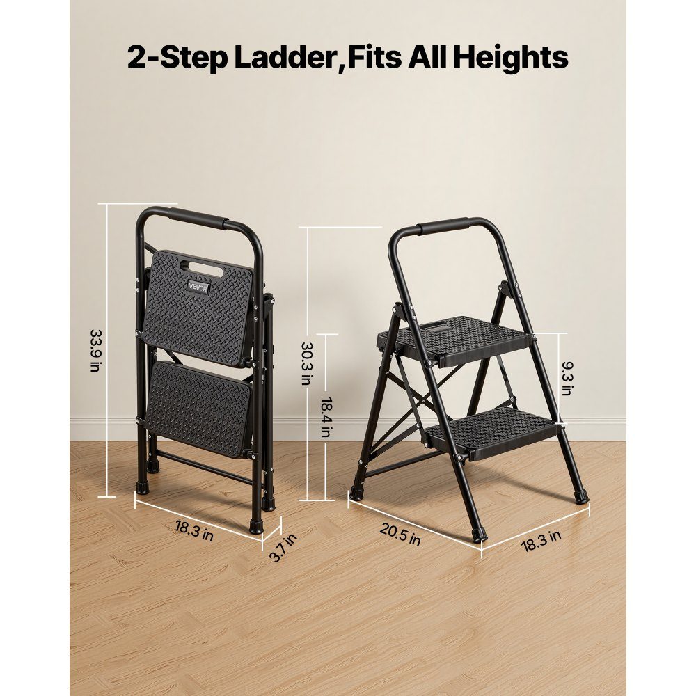 Step Ladder 2 Steps, Folding Ladder with Anti-Slip Steps & Comfortable Handle, Household Ladder with a Load Capacity of 272kg, Folding Step, Safety Ladder for Kitchen, Home & Office, Black