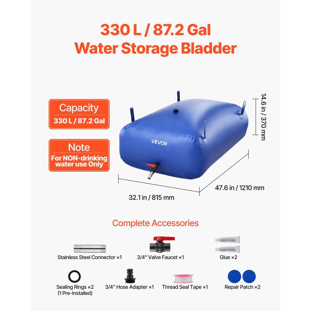 Water Storage Bladder, 330L Water Bag with Faucet, Foldable and Portable Water Bag Made of 1000D PVC, Water Storage for Irrigation System, Drought Resistance and Disasters, Blue