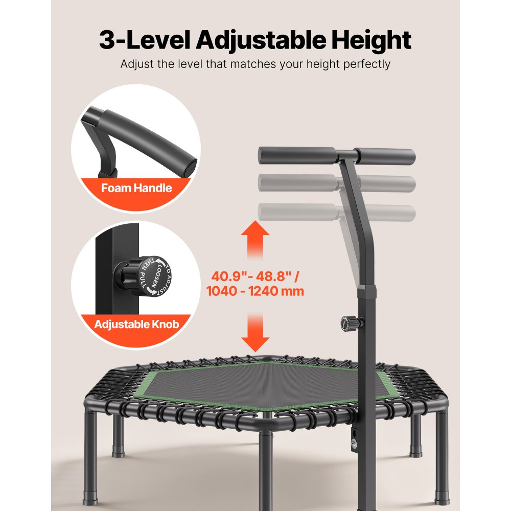 Indoor fitnesstrampoline voor volwassenen, mini-trampoline met een draagvermogen van 205 kg, rebounder-trampoline van 1385 mm met in 3 niveaus in hoogte verstelbare handgreep en schuimrubberen handgreep, hometrainer, sportuitrusting Indoor fitnesstrampoline voor volwassenen, mini-trampoline met een draagvermogen van 205 kg, rebounder-trampoline van 1385 mm met in 3 niveaus in hoogte verstelbare handgreep en schuimrubberen handgreep, hometrainer, sportuitrusting