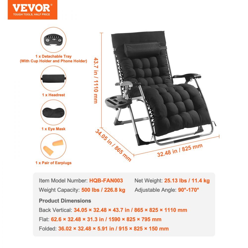 Zero Gravity Chair, 33" Indoor Outdoor Zero Gravity Recliner Chair, Adjustable Anti-Gravity Chair with Pillow, Headrest, Footrest and Cup Holder, 500 Pounds, Black