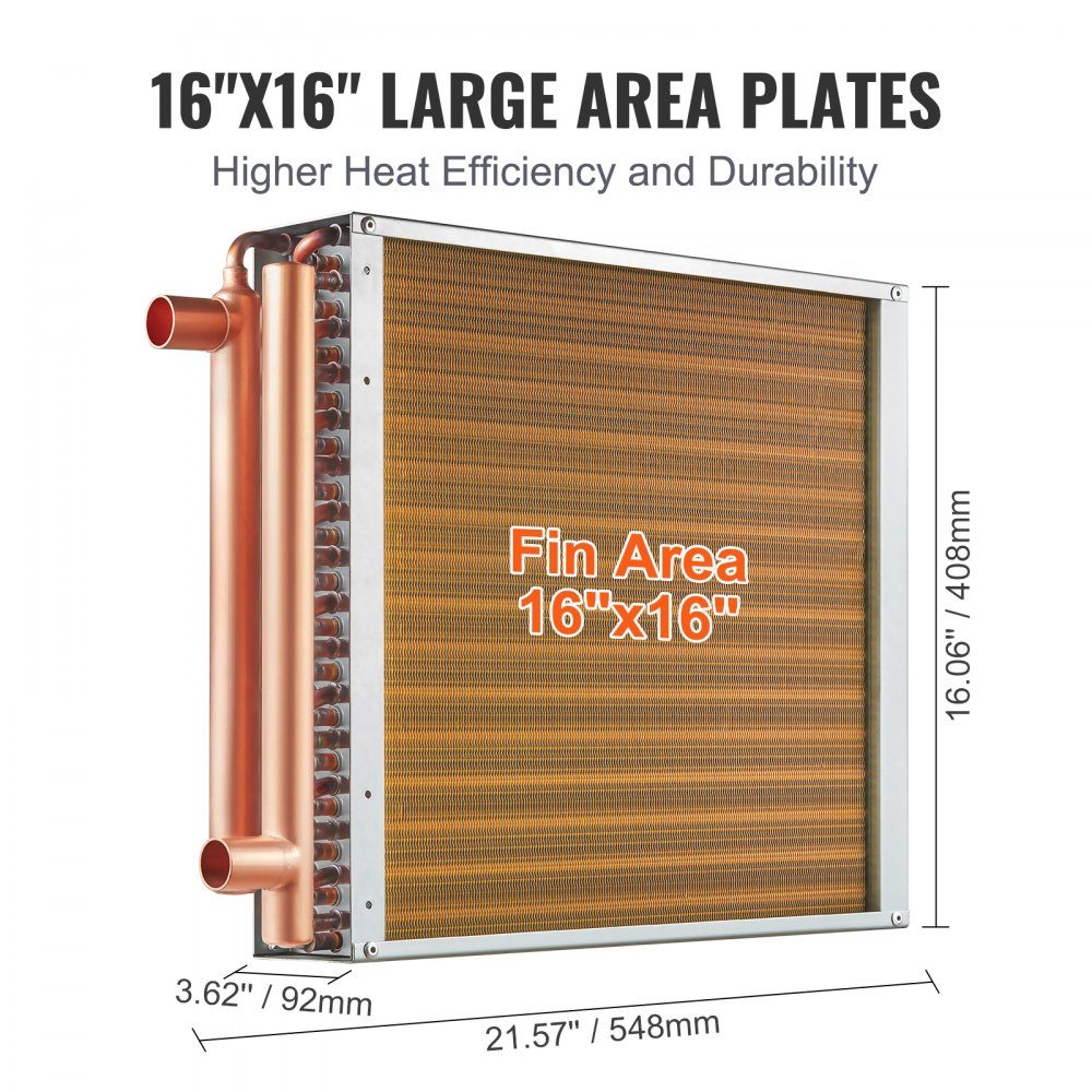 16" x 16" water to air heat exchanger with 3 row 9.53mm copper connections, 193 aluminum fin heat exchanger for wood stoves, residential heating and cooling and forced air heating