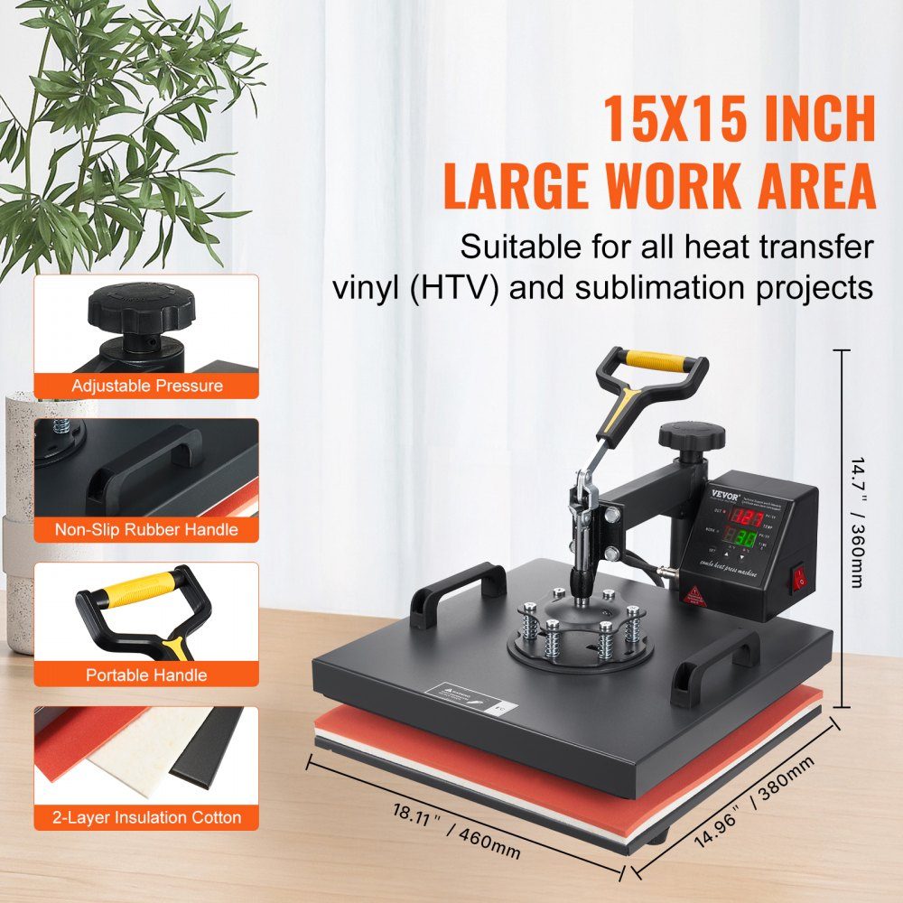 Transfer press 38 x 38 cm, transfer press 220 V, transfer press 1200 W, textile press 14 x 7.6 cm, shirt press max. 250 °C, sublimation press, hobby T-shirt press