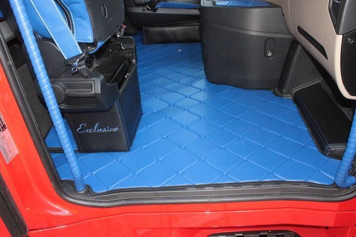 Handgefertigter Mercedes Actros MP4 Fußmatten Teppich Komplettset Leder Blau Komplettset mit Türverkleidungsgriff Starterset