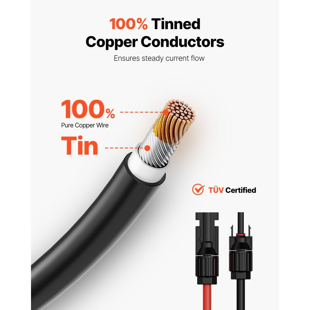 Solar Cable 100ft Extension Cable Set of 2 6mm²/10AWG Cable with Waterproof Female and Male Connectors PV Cable for Home, Marine and RV Solar Panels Black and Red