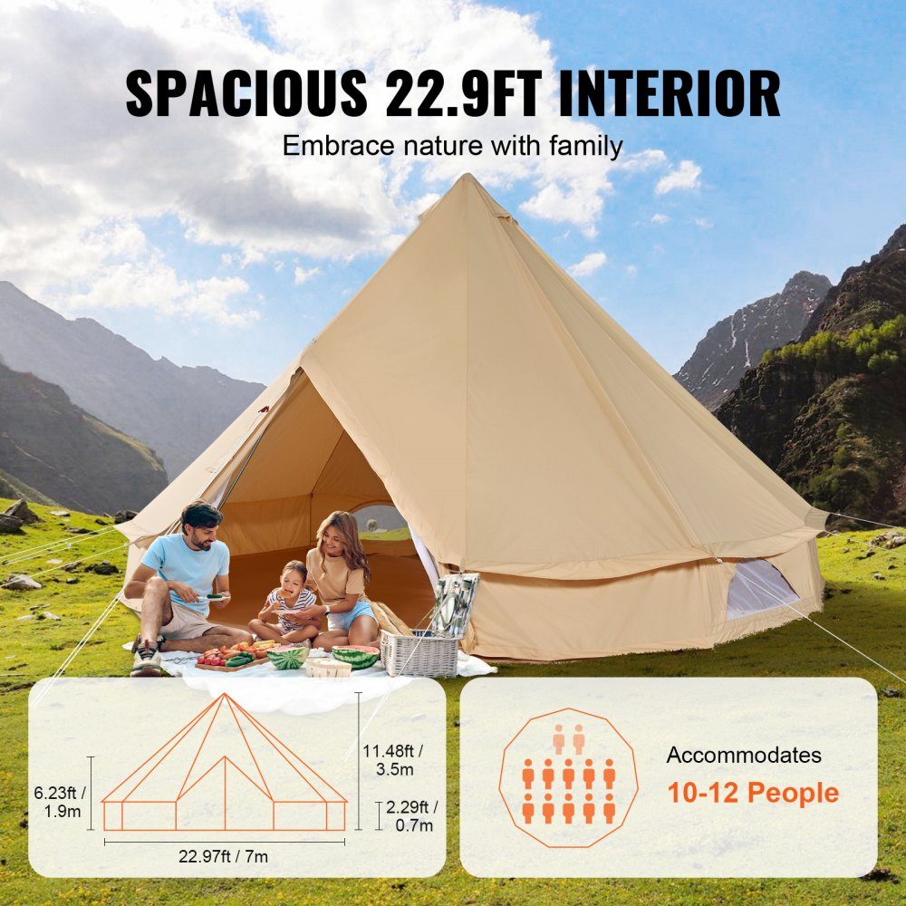 Bell Tent 7x3.5m Yurt Tent TC Cotton and Sturdy Iron Poles with a PVC Groundsheet Camping Tent 12 Person Family Tent 12 Windows Group Tent for Outdoor Adventures
