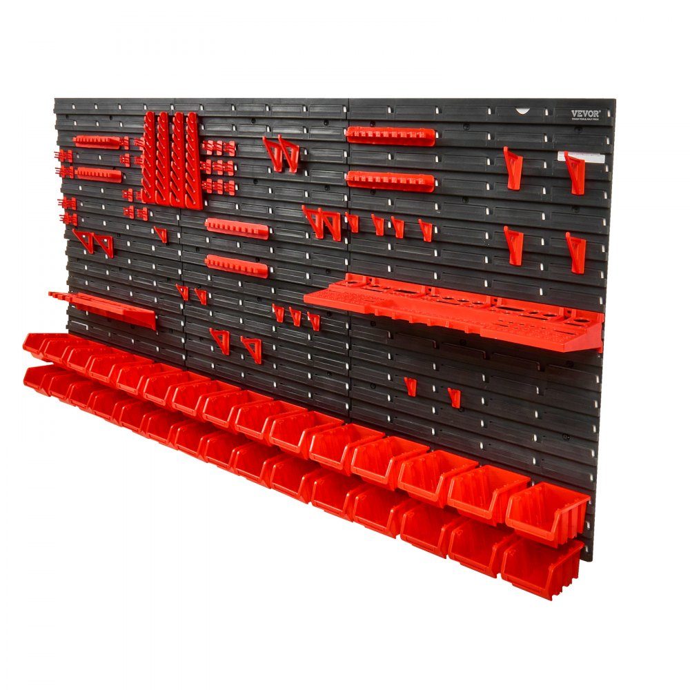 Stacking Boxes, 30 Container Pieces Shelf Organizer for Garage, Plastic Shop Tool with Wall Panels/Tool Holders/Hooks, for Nuts, Bolts, Screws, Nails, Beads, Buttons, Black/Red