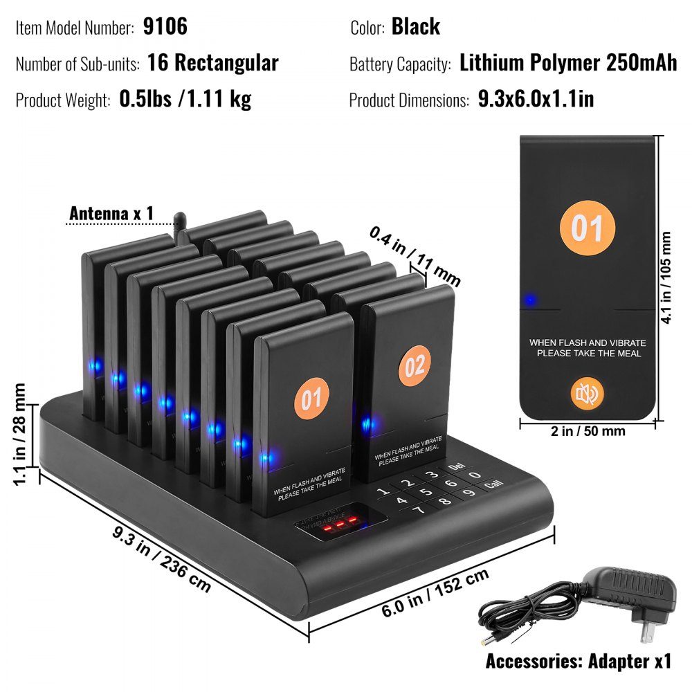 Système de téléavertisseur de restaurant, signal de file d'attente sans fil avec portée de 500 m, bip d'appel invité avec vibration et clignotant, 16 téléavertisseurs pour camion de nourriture, église