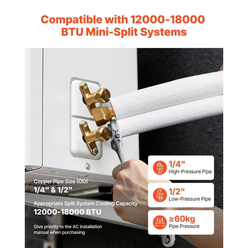 Kältemittelrohr 15,24 m, Kupferrohr 6,4 & 12,7 mm Außendurchmesser, PE-isolierte Spule mit Bördelmuttern, Umreifung, für Mini-Split-Klimaanlage, HVAC oder Wärmepumpensystem