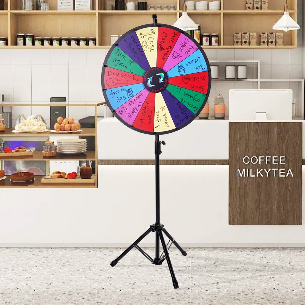 Roue de la Fortune (601 mm) avec 14 compartiments et support réglable en hauteur (1125-1530 mm) ainsi qu'une roue de roulette essuyable et un sac de rangement, une roue de prix rotative pour les fêtes, pubs, foires et foires