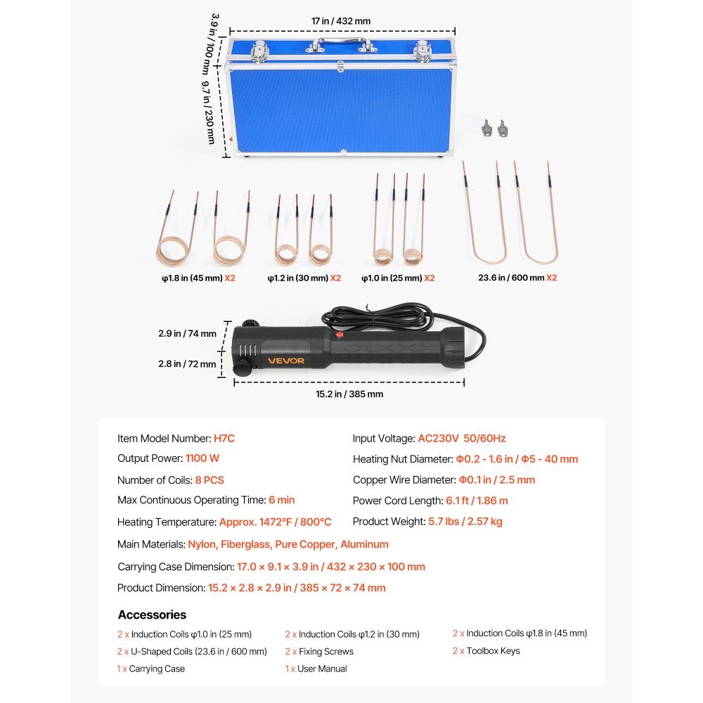 Induction Heater Screw Removal Tool 1100W 230V Magnetic Induction Heater Kit Hand Nut Remover Tool Auto Workshop Repair Tools with 8 Coils and Box