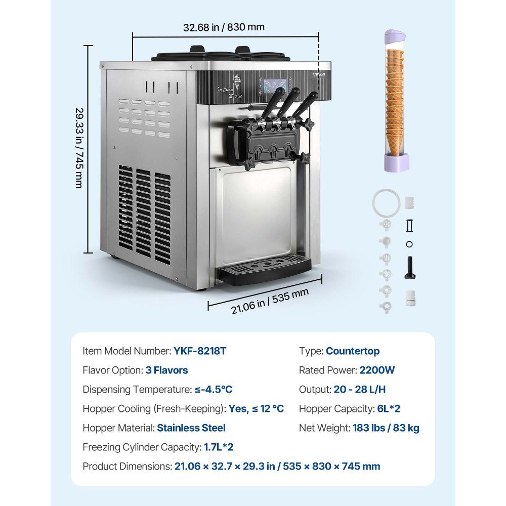 Commercial ice cream machine 20-28 L/h output, soft ice cream machine 2200 W with 2 x containers (6 L), pre-cooling, self-cleaning and LED display, table device for snack bars, dessert shops and cafes, silver