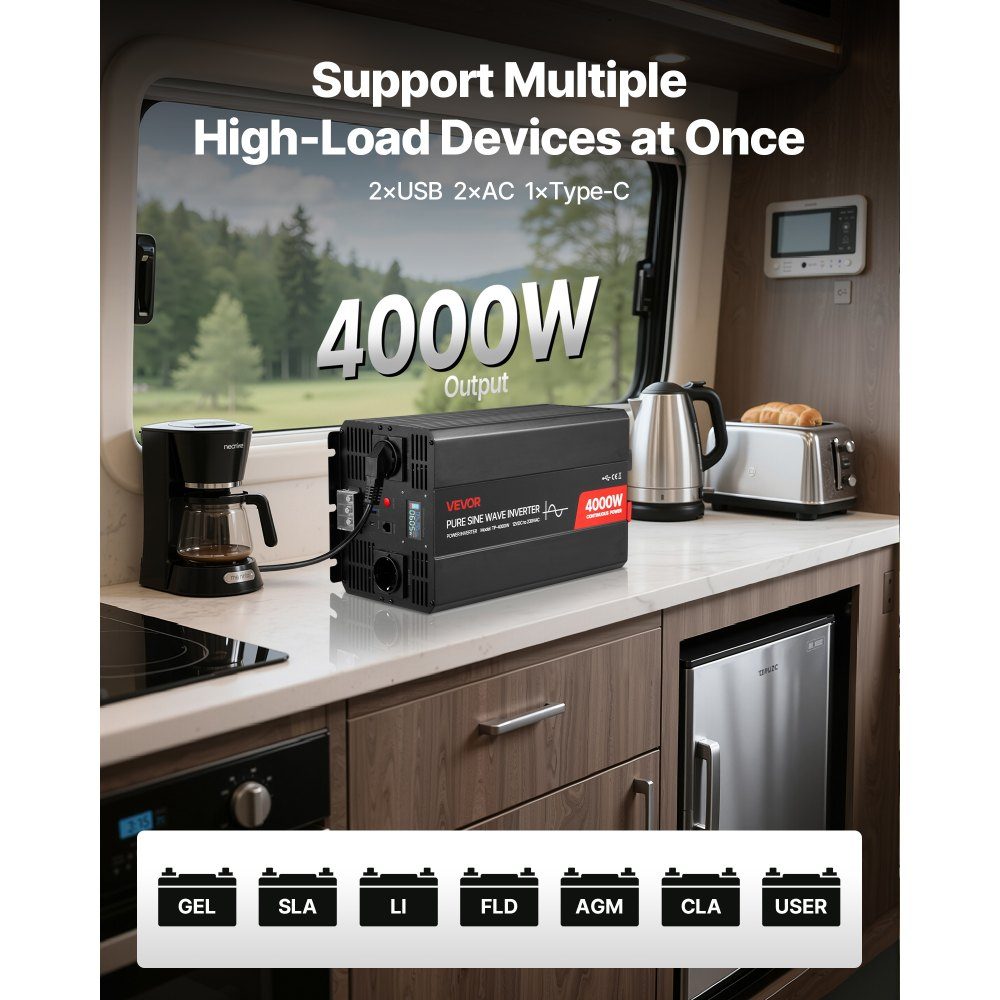 4000 W stroomomvormer 12 V DC naar 230 V AC zuivere sinusomvormer met LCD-scherm, afstandsbediening, 2 USB-poorten, 2 AC-aansluitingen, Type C-poort voor campers, vrachtwagens buiten – Artikelnr. HT-22433