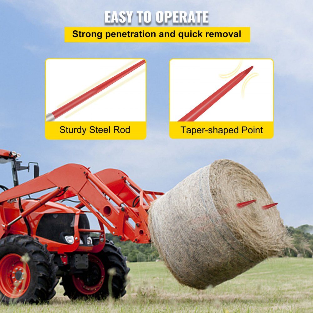 Front loader tines 125 cm, bale tines 2041 kg load capacity, bale spike quick attachment, red coated bale forks, with hexagon nut and sleeve for shovels, tractors, loaders