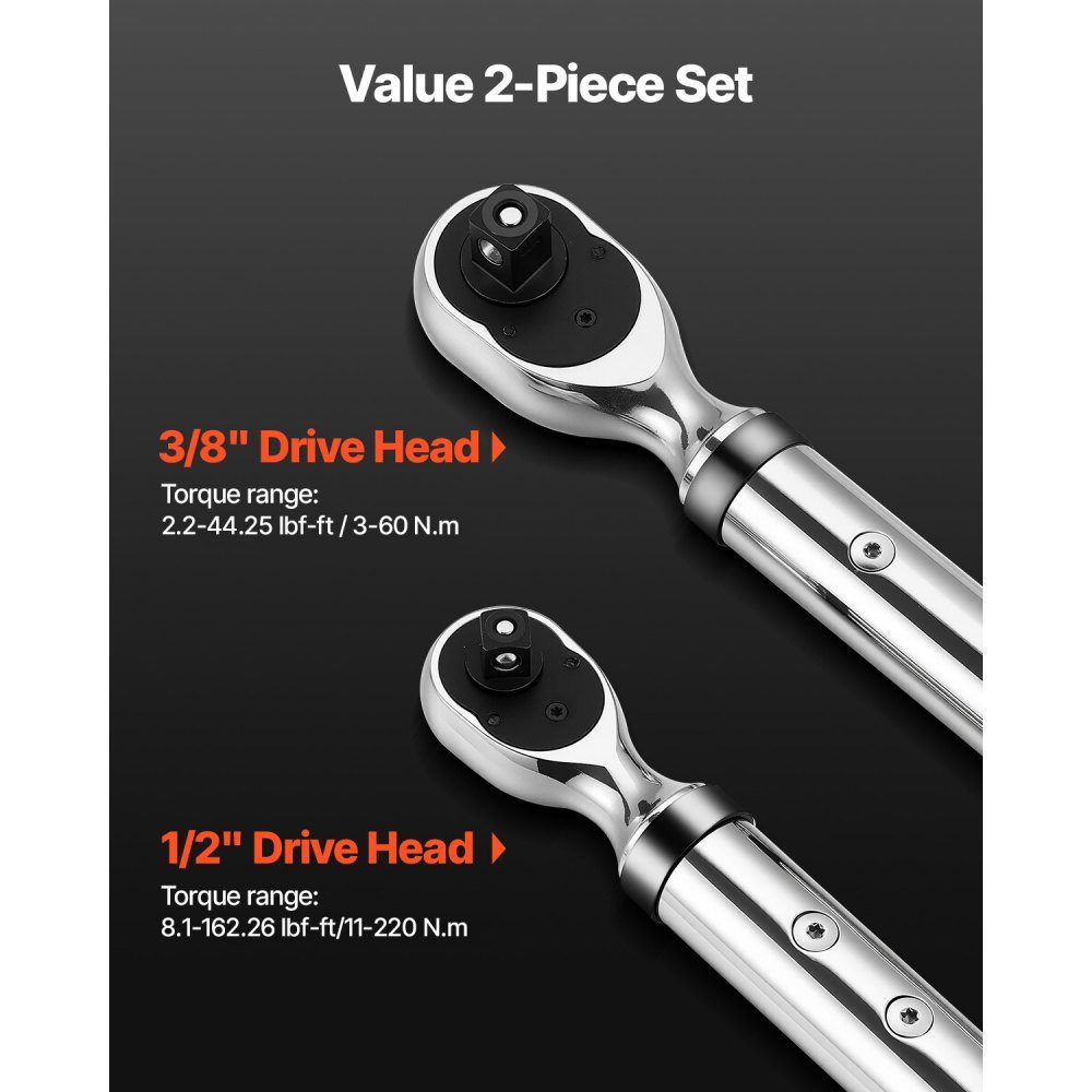 1/2 3/8" Drive Digital Torque Wrench Set, 72 Teeth ±2% Precise Electronic Torque Wrench with Preset Value, Buzzer and LED Notification, Car Repair