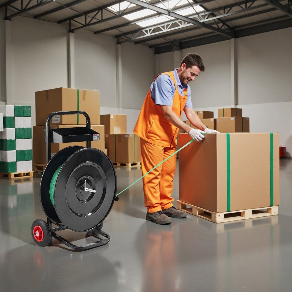 Distributeur, adapté aux rouleaux de cerclage PET/PP/polyester mit 203/406 mm, distributeur de cerclage avec système de freinage amélioré, espace de rangement spacieux intégré pour les outils