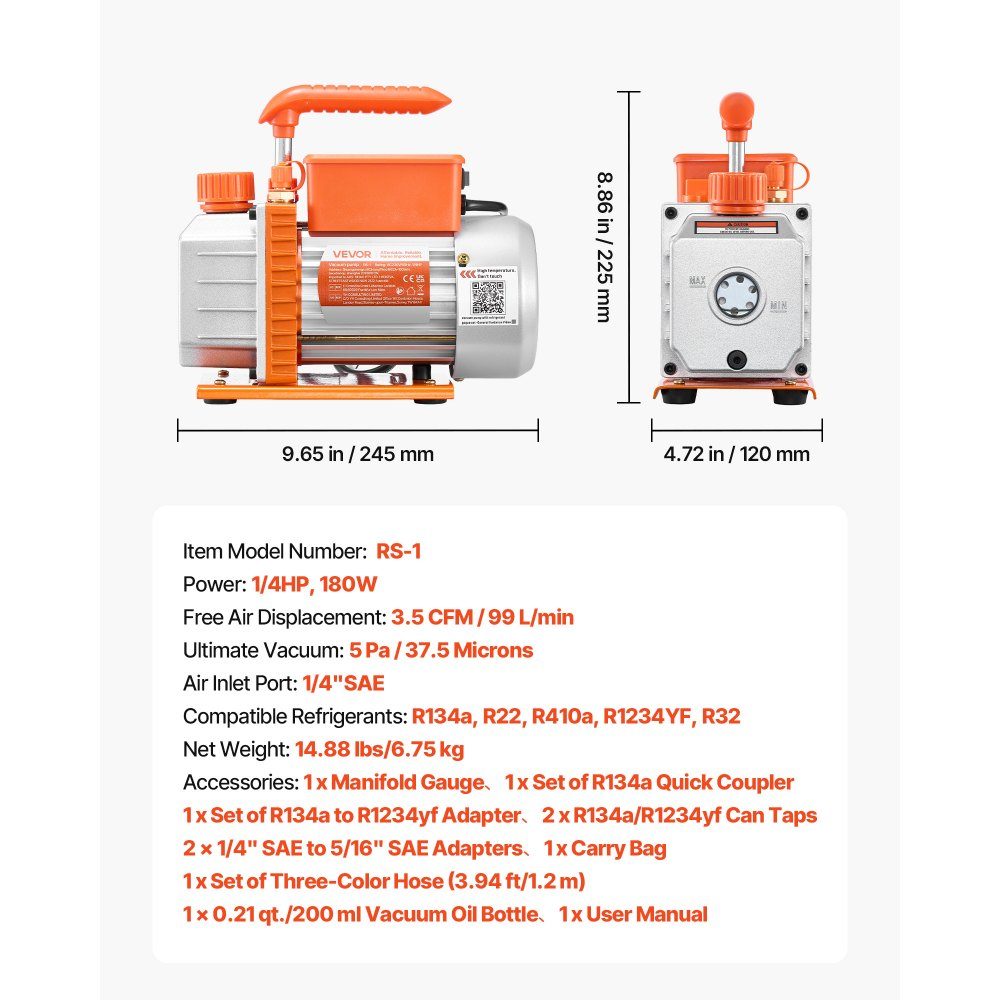 Vacuum Pump with Gauge 3.5CFM 99L/min 180W 1 Stage Rotary Vane Vacuum Pump Vacuum Pump Kit for R134a, R22, R410a, R1234YF and R32 with Carry Bag for Car Air Conditioner