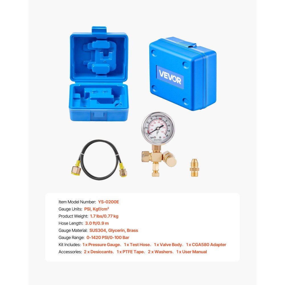 Hydraulisches Stickstoffspeicher-Ladeset, 0–1420 PSI Stickstofffüllset, Druckprüfsystem mit 1 Manometer, 1 Gasschlauch, 1 Ventilkörper und 1 CGA580-Adapter für Baumaschinen