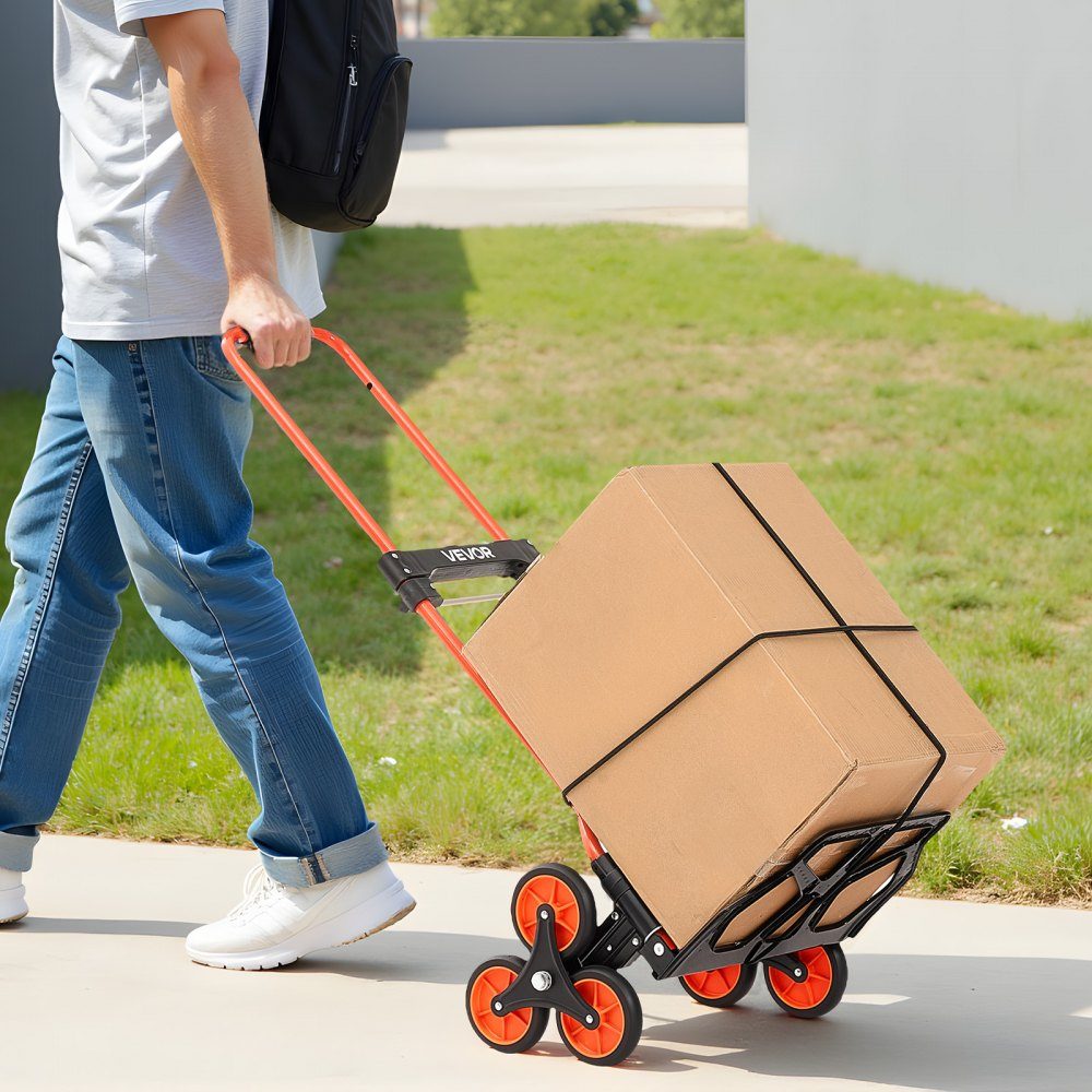 Folding stair hand truck, hand truck 54 kg load capacity, stair climber with telescopic handle, 6 wheels & 2 tension straps, transport trolley, stair trolley, ideal for household, shopping & storage