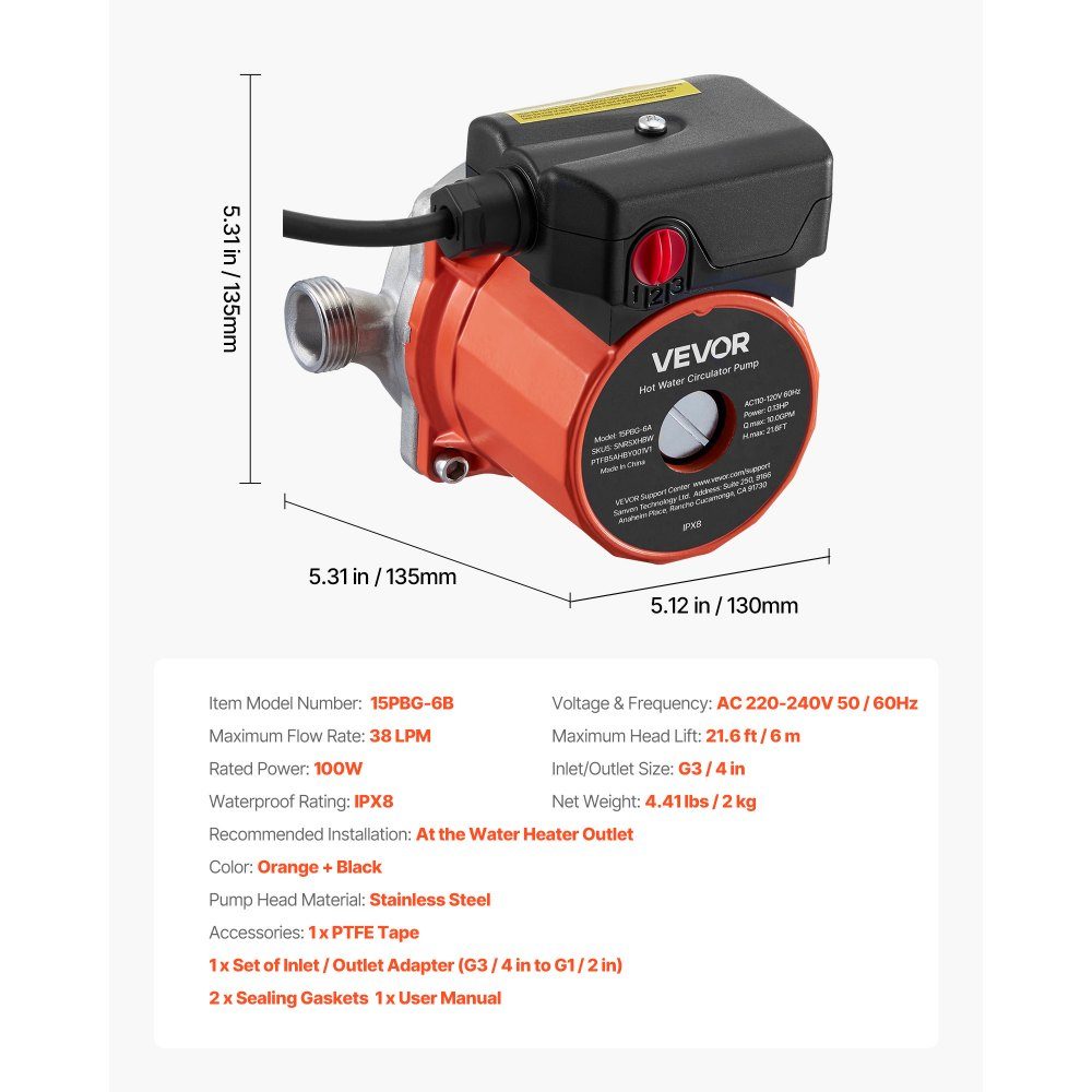 Circulation Pump 38L/min Instant Circulation Circulation Pump System 3 Speed ​​Control 100W AC 220-240V G3/4" to G1/2" Adapter Stainless Steel Head for Water Heater System