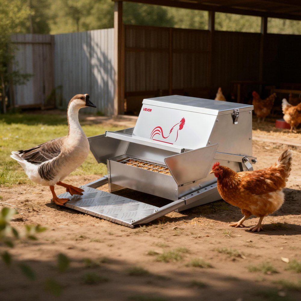 Futterautomat 11,3 kg Fassungsvermögen, Hühnerfutterautomat mit Trittklappen und verschließbarem Deckel, Futterspender aus verzinktem Stahl, Futtertrog für Hühner, Zwerghühner, Geflügel