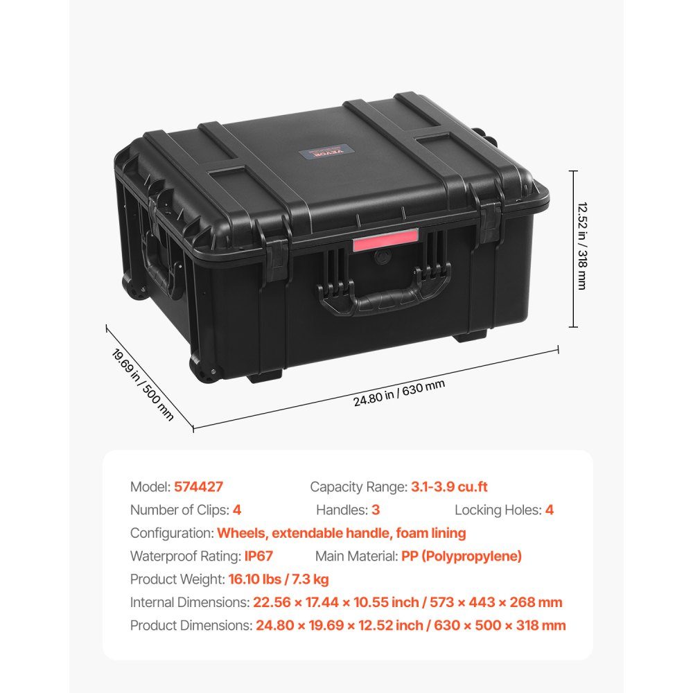 Valise à coque rigide de 3,5 pieds cubes, valise trolley à coque rigide avec roulettes et poignée de traction rétractable, IP67-Schutzkoffer étanche avec 4 clips, 4 trous de cadenas et insert en mousse