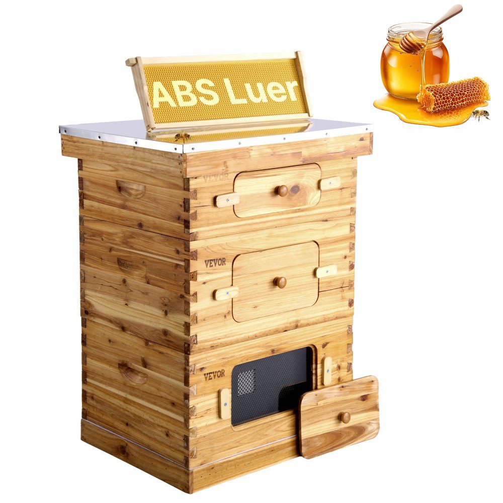 Beehive, Zander Beehive for 30 Frames, Beeswax Coated Wood, 2 Deep + 1 Medium Bee Box, Langstroth Beehive Set, Clear Acrylic Windows with Foundations