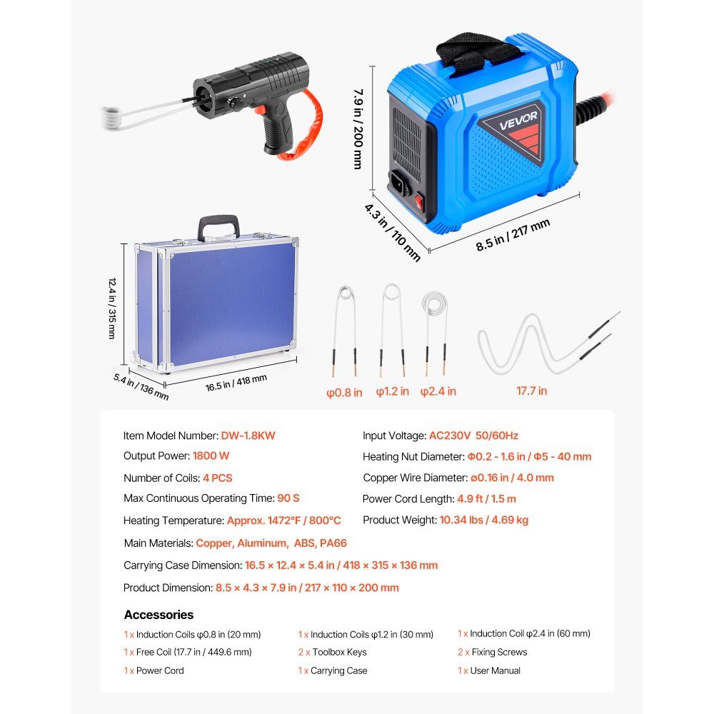 Screw Removal Induction Heater 1800W Magnetic Induction Heater Kit Rusty Screw Removal Heater Auto Workshop Repair Tools with 4 Coils