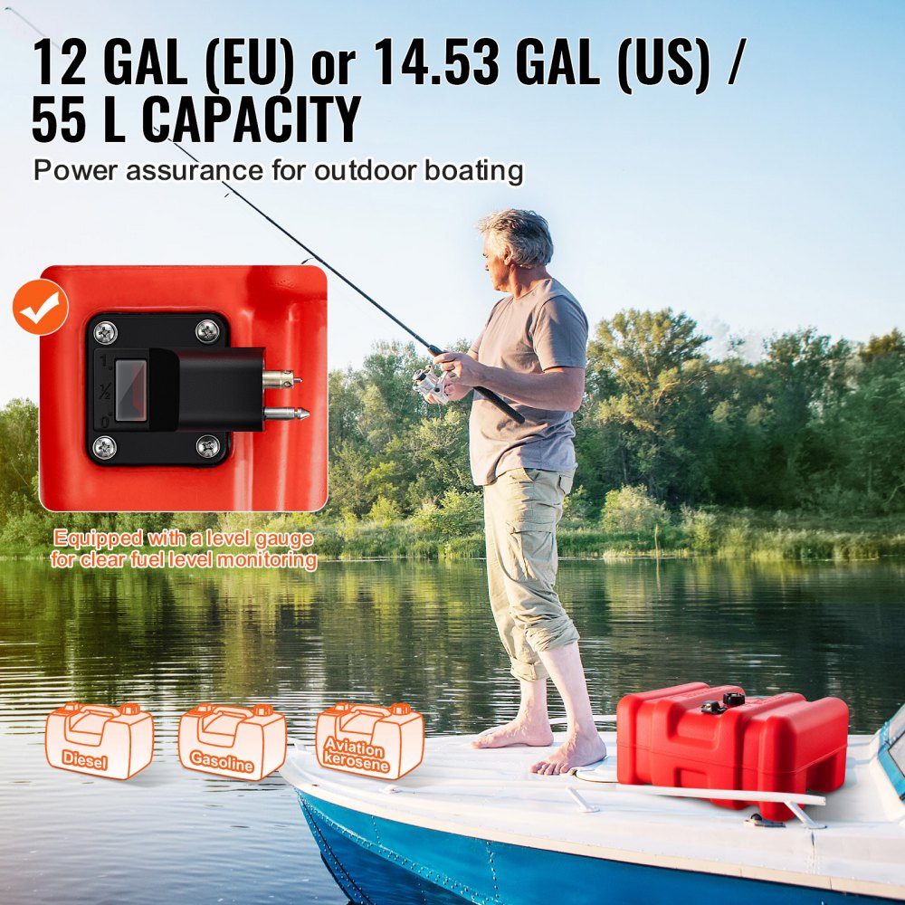 Marine Fuel Tank 55L Portable Outboard Engine Boat Tank Plastic Outboard Marine Boat Fuel Tank with Hose Easy to Carry for Yacht Fishing Boat Deck Boat Red