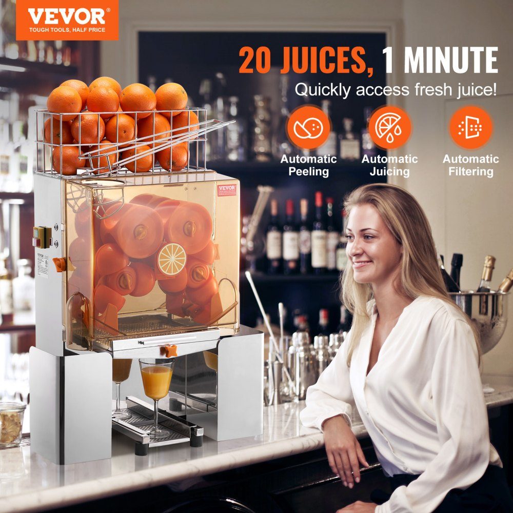 Commercial Orange Juicer, 120W Automatic Juicer, Stainless Steel Orange Juicer for 20 Oranges per Minute, with Pull Out Filter Box, PC Cover, Citrus Juicer, Electric Citrus Juicer