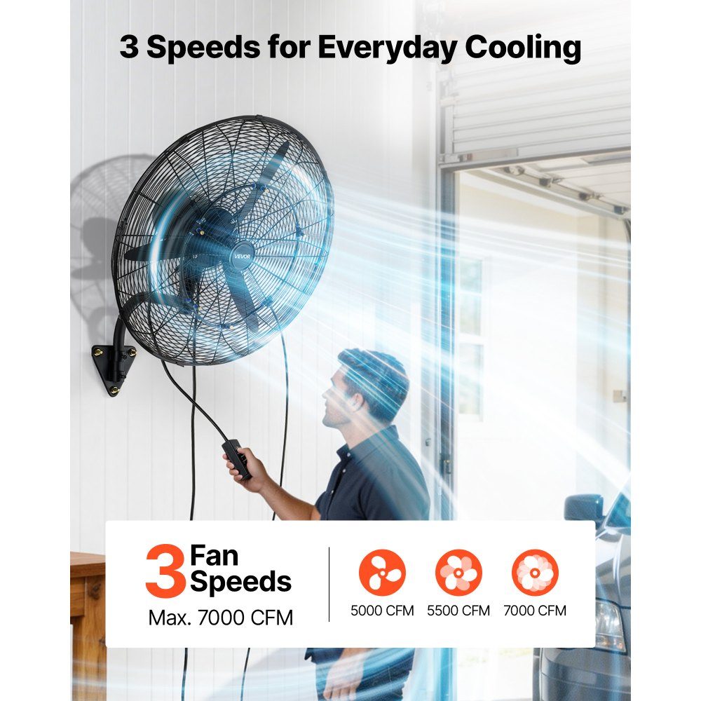 110W Industrial Wall Fan 67cm 7m/s Oscillating Wall Fan with 3 Mist Levels and Adjustable Tilt Angle Commercial Industrial Fan for Workshop Garage Warehouse Gym Black