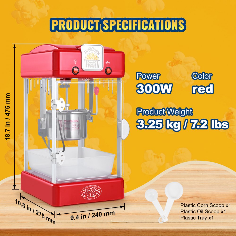 Popcornmaker, 300 W popcornmaker, 2,5 oz waterkoker voor 4QT per lading, popcornmaker op aanrecht met PP-deur, inclusief 2 scheppen en lade, bioscoopstijl, rood Popcornmaker, 300 W popcornmaker, 2,5 oz waterkoker voor 4QT per lading, popcornmaker op aanrecht met PP-deur, inclusief 2 scheppen en lade, bioscoopstijl, rood