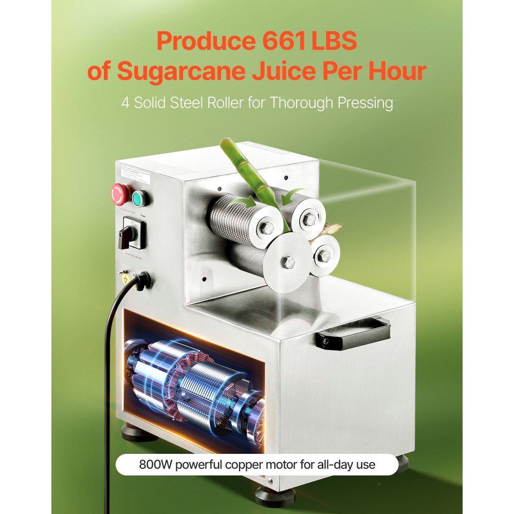 Commercial Sugarcane Juicer, 800W Electric Sugarcane Juicer with 300kg/h High Power, 4 Stainless Steel Rollers, Sugarcane Press Juicer (55x38x52cm)