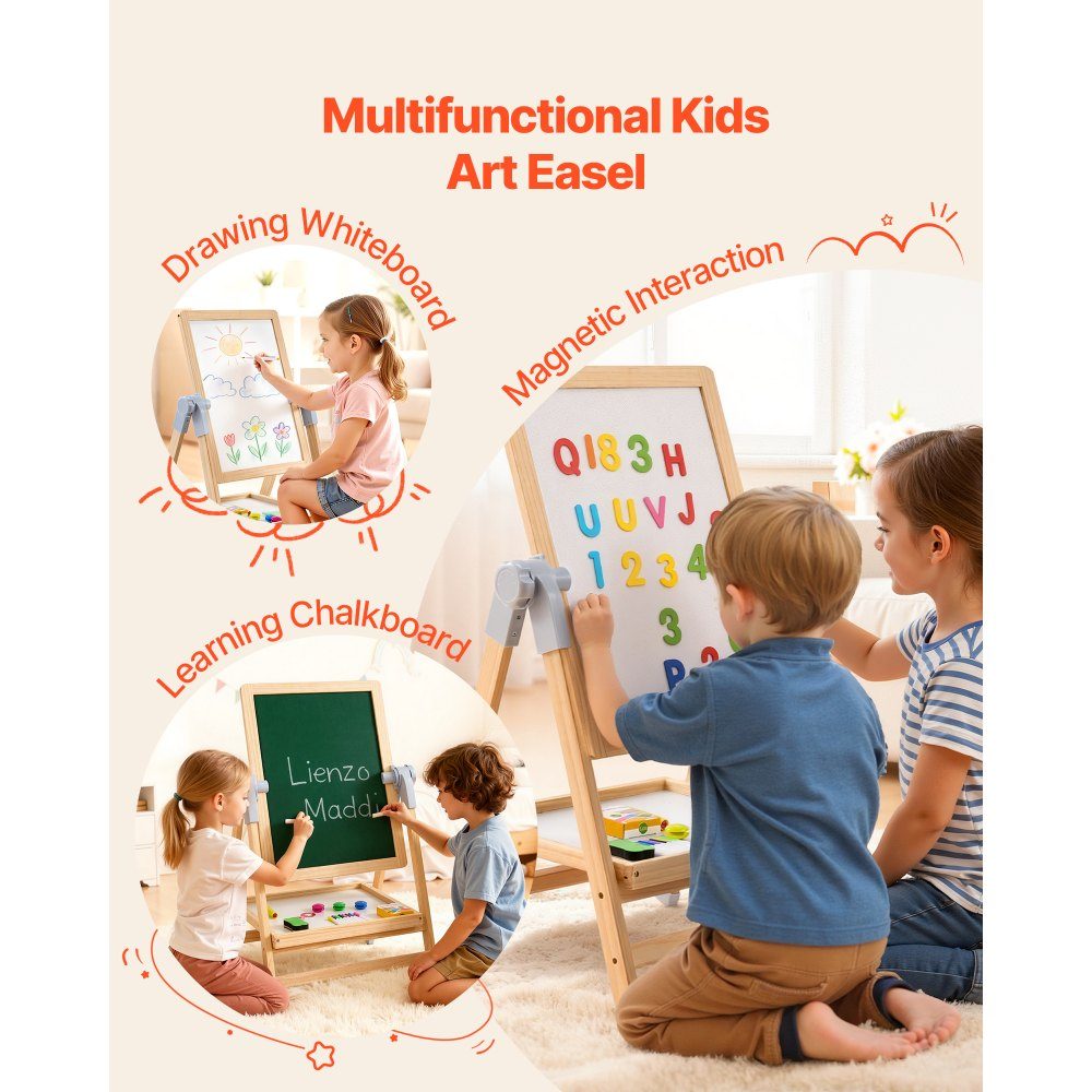 Kunststaffelei für Kinder, 2-in-1-Kunststaffelei aus Holz, doppelseitig mit magnetischem Whiteboard und Kreidetafel, verstellbares, stehendes, drehbares, klappbares Zeichenbrett mit Malzubehör für Jungen und Mädchen