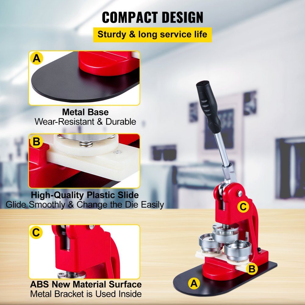 Button press machine 44 mm, button maker 1000 pieces, button maker with basic size 16 x 29 cm, punch press machine with user-friendly handle, for making buttons, badges