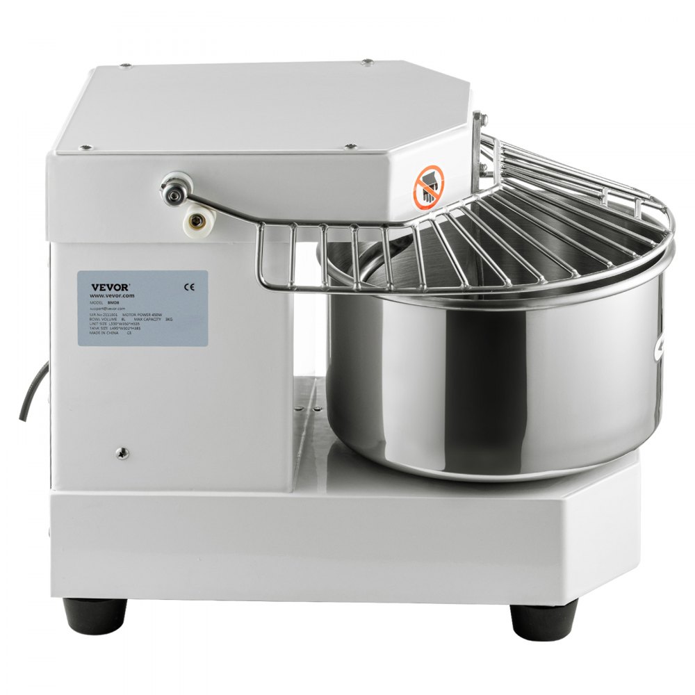 Dough kneading machine food processor, 8 L stainless steel dough mixer, 450 W, adjustable (130/233/414 rpm), including stainless steel bowl, safety shield, timer, ideal for bakeries, restaurants, pizzerias Dough kneading machine food processor, 8 L stainless steel dough mixer, 450 W, adjustable (130/233/414 rpm), including stainless steel bowl, safety shield, timer, ideal for bakeries, restaurants, pizzerias