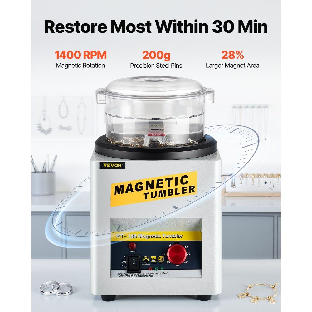 Mini KT-185 Magnetic Cup 180mm, Jewelry Polishing Machine and Finisher Machine with Good Time Function, Fast Processing Speed ​​for Light Metals, Non-Ferrous Metals, 2000RPM