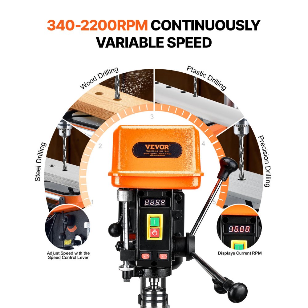 304,8 mm Tischbohrmaschine, 750 W, 340–2200 U/min, Säulenbohrmaschine mit variabler Geschwindigkeit und 0–45° neigbarem Arbeitstisch, LED-Röntgenpositionierung für Holz und Metall 304,8 mm Tischbohrmaschine, 750 W, 340–2200 U/min, Säulenbohrmaschine mit variabler Geschwindigkeit und 0–45° neigbarem Arbeitstisch, LED-Röntgenpositionierung für Holz und Metall