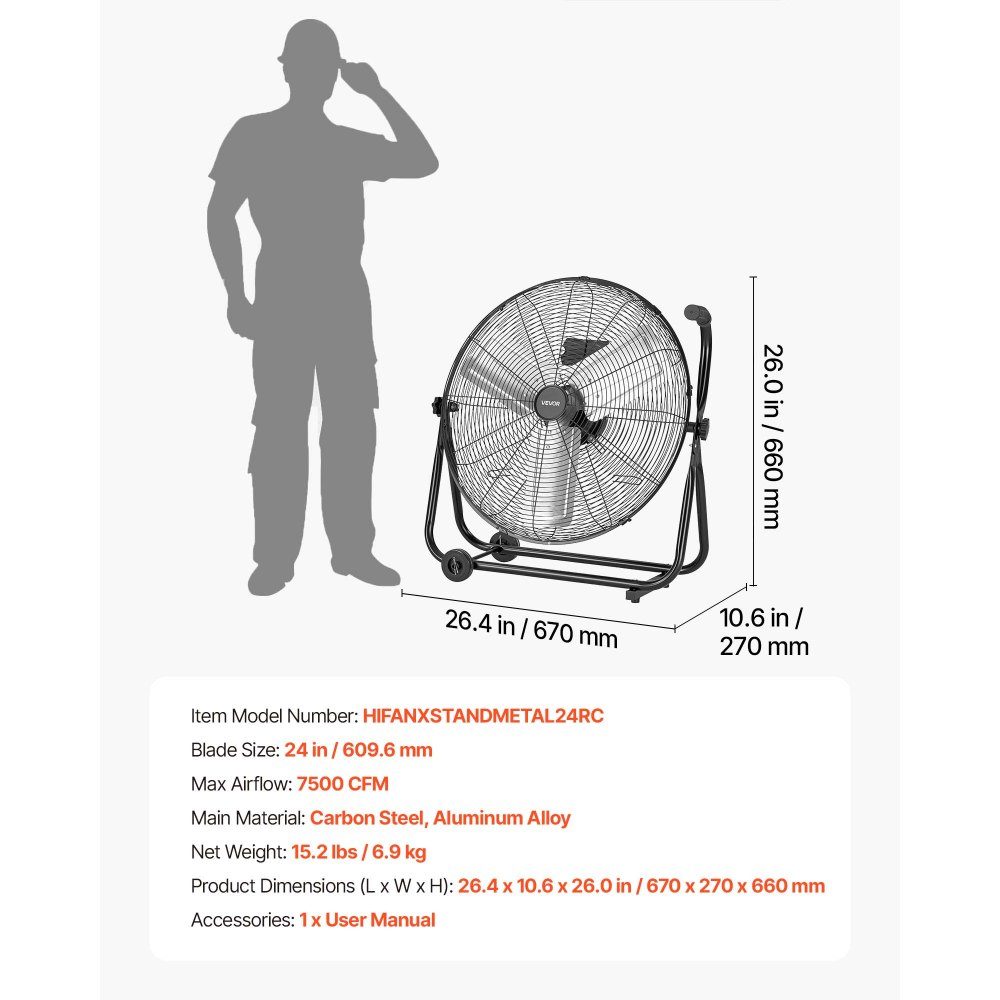 Vloerventilator Ø609,6mm, windmachine 360° kantelbaar, staande ventilator met 3 snelheden, draagbare trommelventilator met handvatrollen & 1,6m kabel, industriële ventilator voor garageopslag