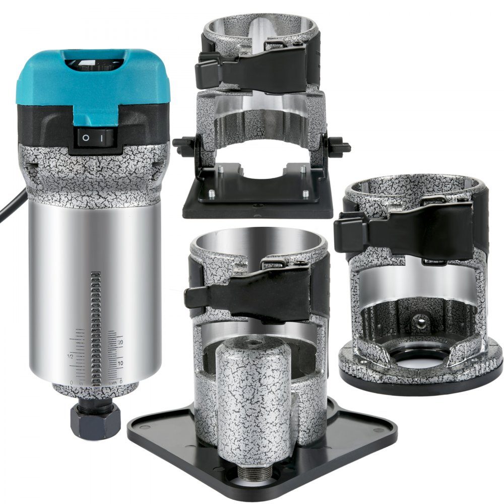 Einhand-Holzoberfräse 33000 U/min, fester Sockel, neigbarer Sockel, Tauchsockel, versetzter Sockel, 3 Spannzangen 6,35 / 6 / 8 mm, Fräser 6 / 8 mm inkl., Kurvenanschlag, Aluminiumlegierung