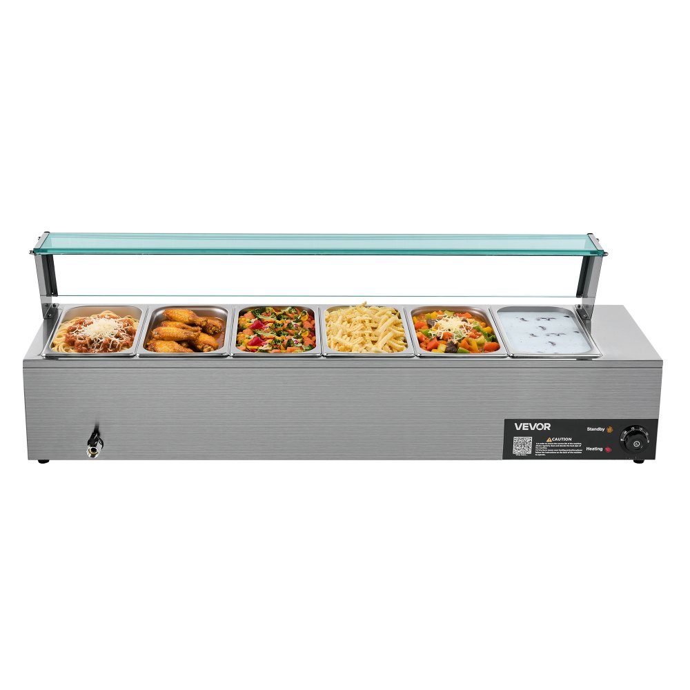 Commercial Food Warmer (6 Size 1/3 Containers), 1.5KW Stainless Steel Electric Warming Container with Glass Cover and Soup Ladle, Chafing Dishes for Catering Restaurant Parties