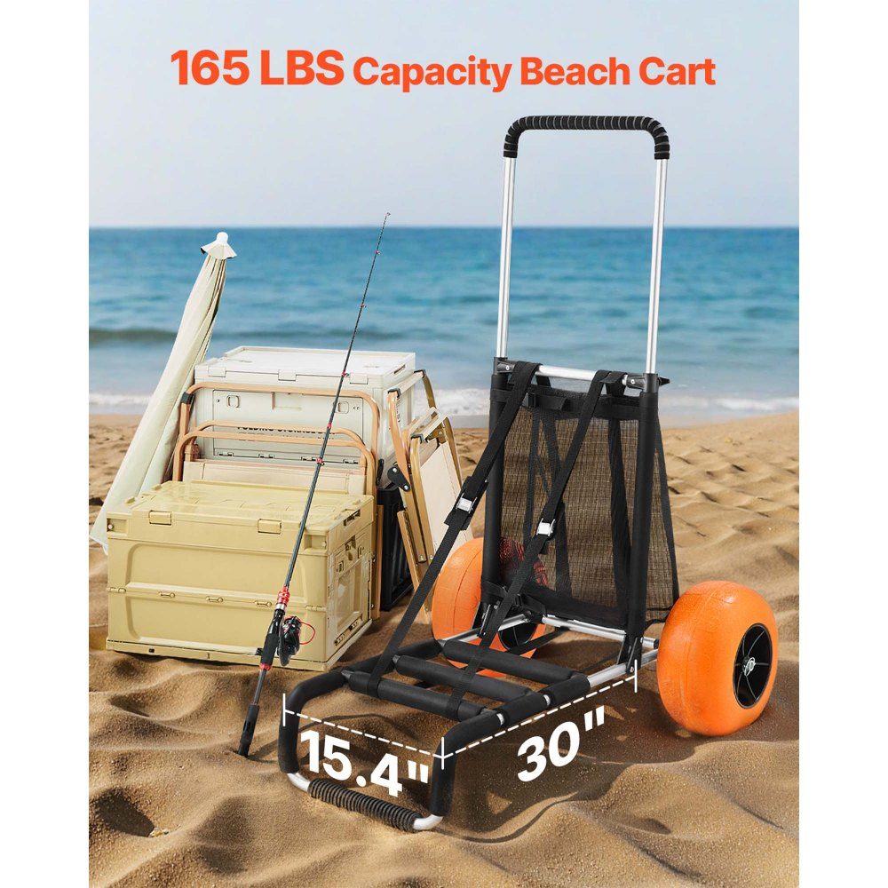 Strandwagen handkar zandkar, strandwagen 74,84 kg laadvermogen, opvouwbare zandkar van aluminium 685-1135 mm in hoogte verstelbaar, wagen voor op het strand 76 x 39 cm laadruimte