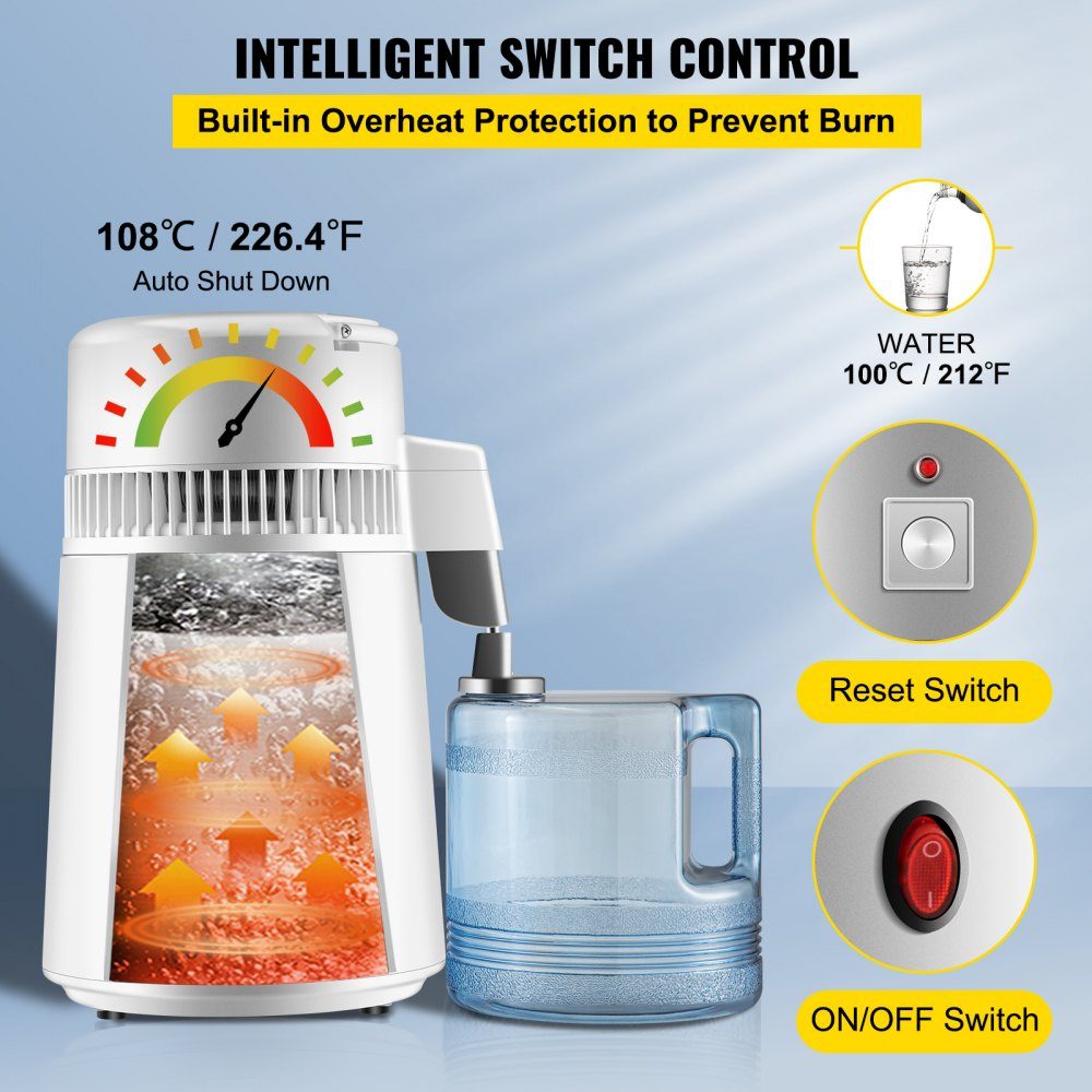 Waterdestilleerder drinkwater, 750W waterdestilleerder 1,3 L/H distilleerder waterdestilleerder, 304 roestvrijstalen witte distilleerder met handvat, thermostaat