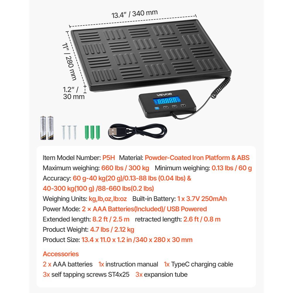 Digital Parcel Scale 20/100g Double Accuracy 300kg Platform Scale with Hold/Tare Function and LCD Display for Parcels, Postage, Luggage, Battery and Charging Cable Included