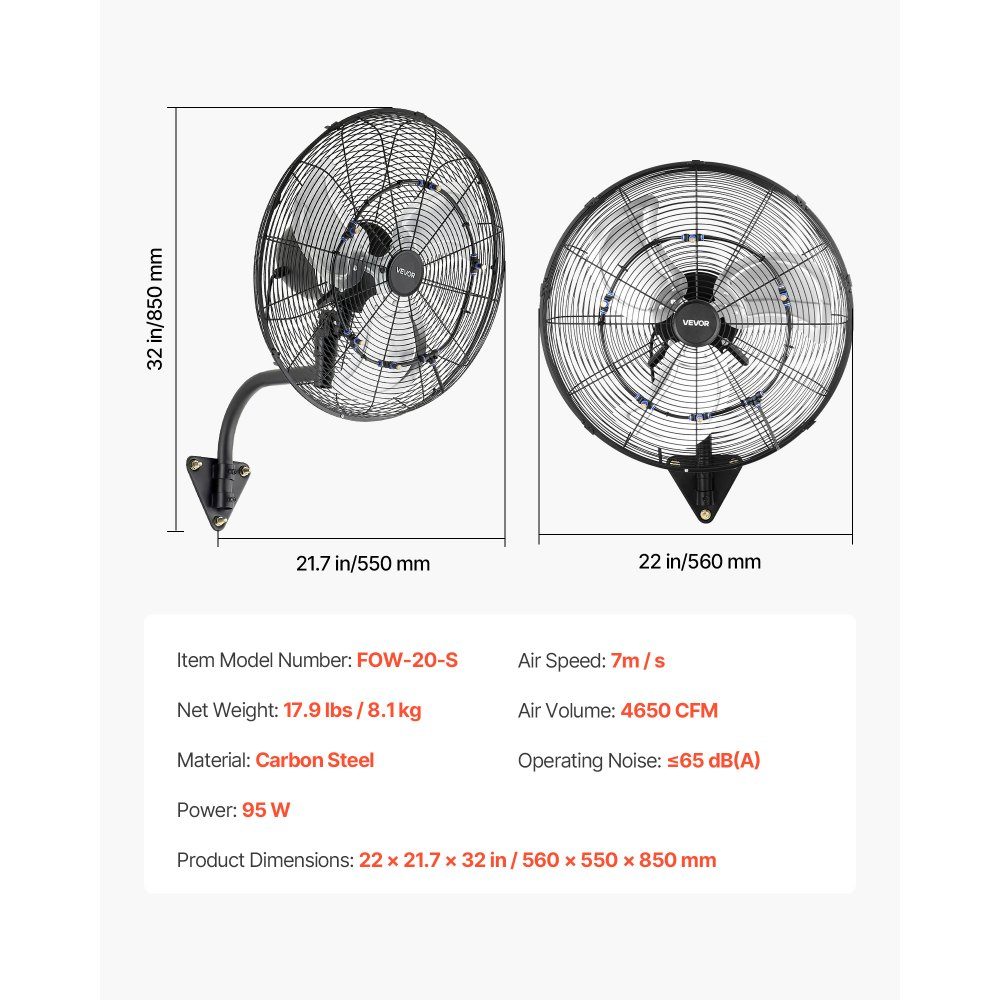 95W Industrial Wall Fan 56cm 7m/s Oscillating Wall Fan with Remote Control Mist and 18-Stunden-Timer Commercial Industrial Fan IP44 Waterproof for Workshop Garage Warehouse Black