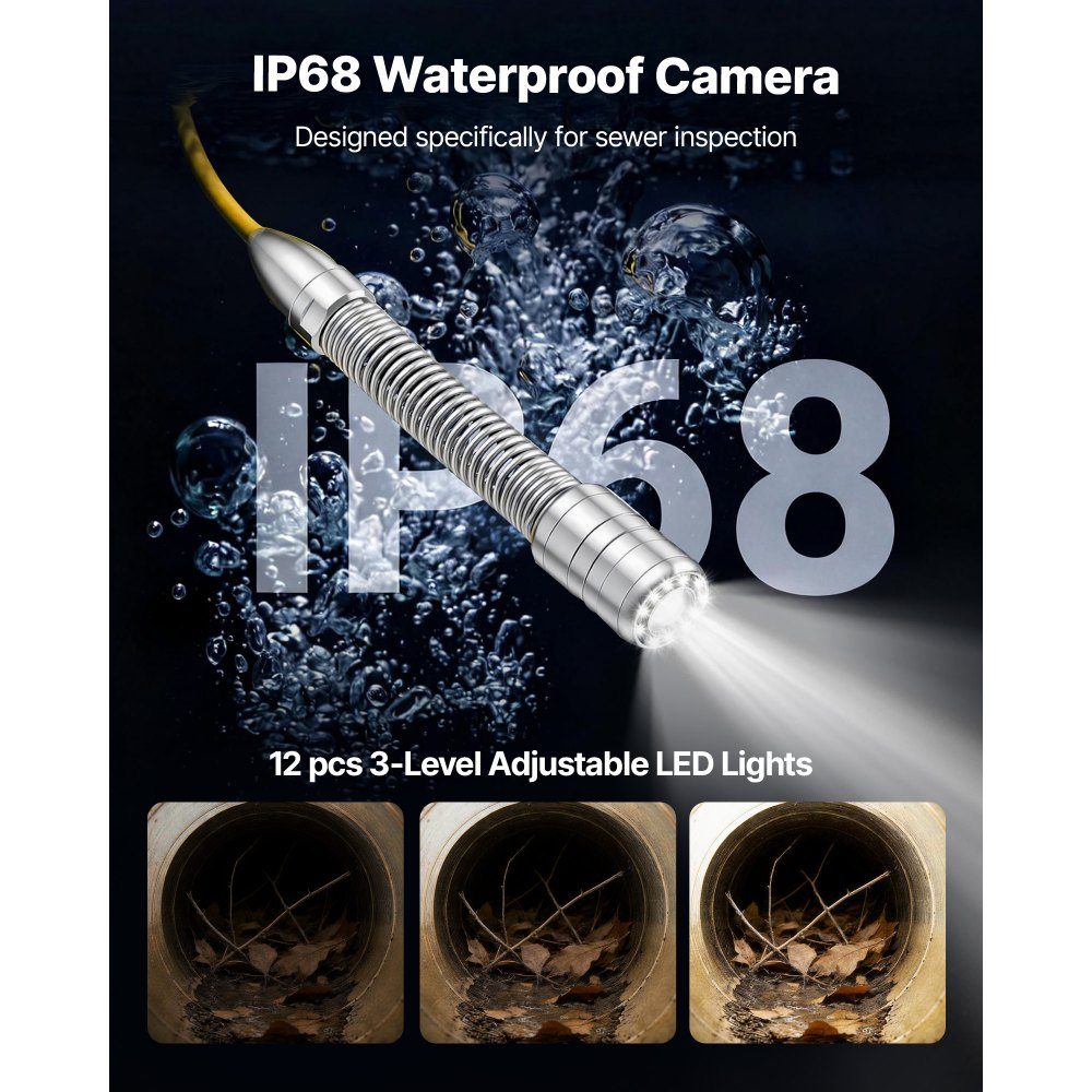 Endoscope Camera with WiFi, 50m Inspection Camera with 12 LEDs and 3 Level Light, IP68-Rohrkamera mit 4500-mAh-Akku and Meter Marker, Sewer Camera 1080p HD 120° Lens for Sewer Inspection