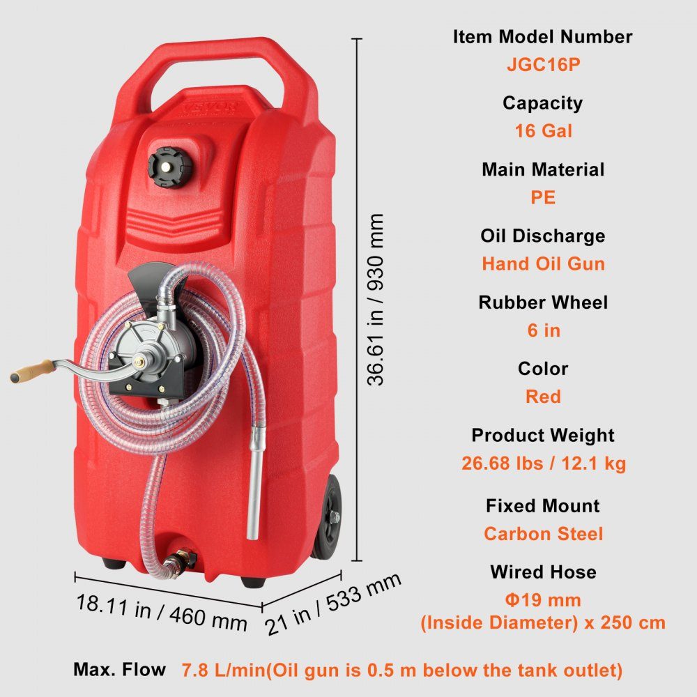 Camion-citerne Bidon de carburant 60L Bidon d'essence PE 460x533x930mm Réservoir de carburant à gaz 7,8 L/min max. Réservoir d'essence de bidon de remplacement de flux Convient pour le diesel, l'huile lubrifiante, l'essence